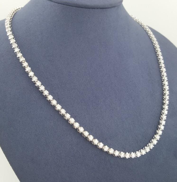 Round Diamond Straight Line Tennis Necklace 7.3 ct 14K White Gold 17.75"