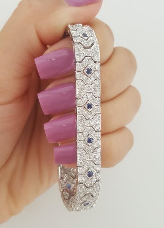 Vintage Art Deco Diamond Sapphire Bracelet 4.66 ct 18K White Gold 8.7mm 23 Grams
