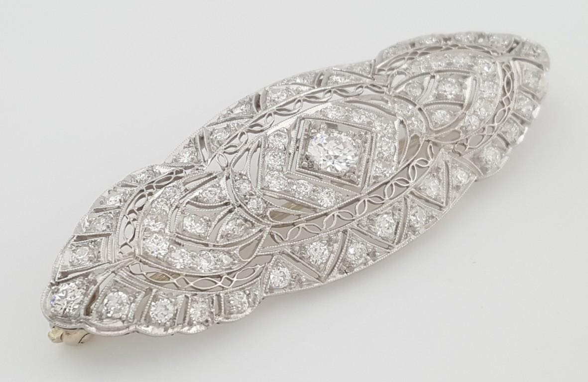 Antique Art Deco Old European Cut Diamond Pin Brooch 2 ct Platinum 14K 2.1"