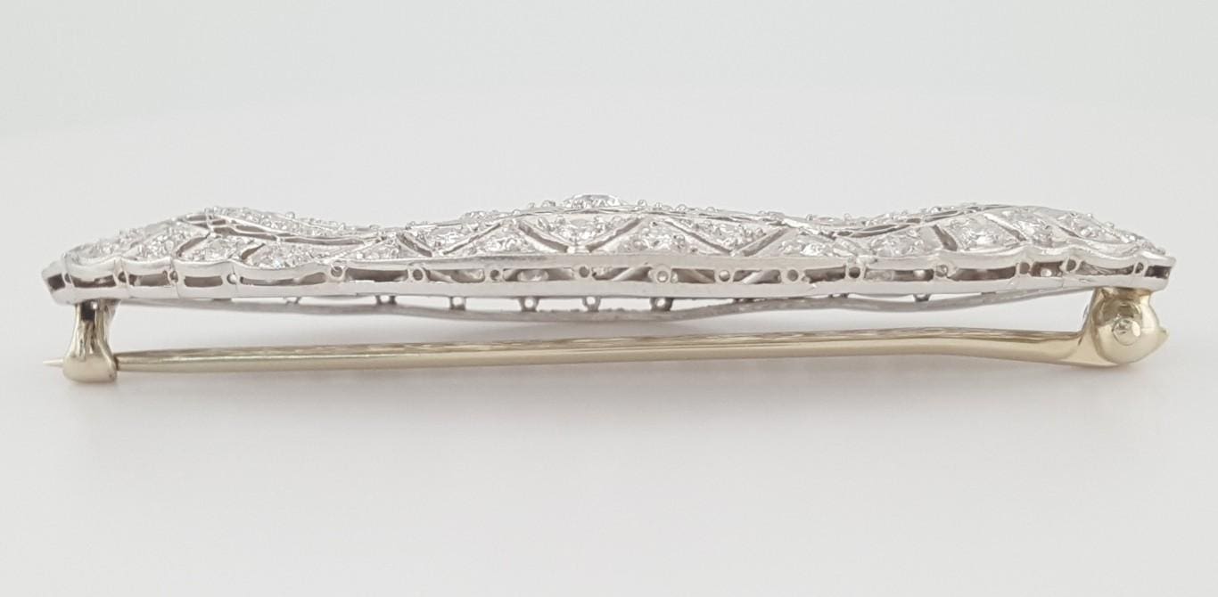 Antique Art Deco Old European Cut Diamond Pin Brooch 2 ct Platinum 14K 2.1"