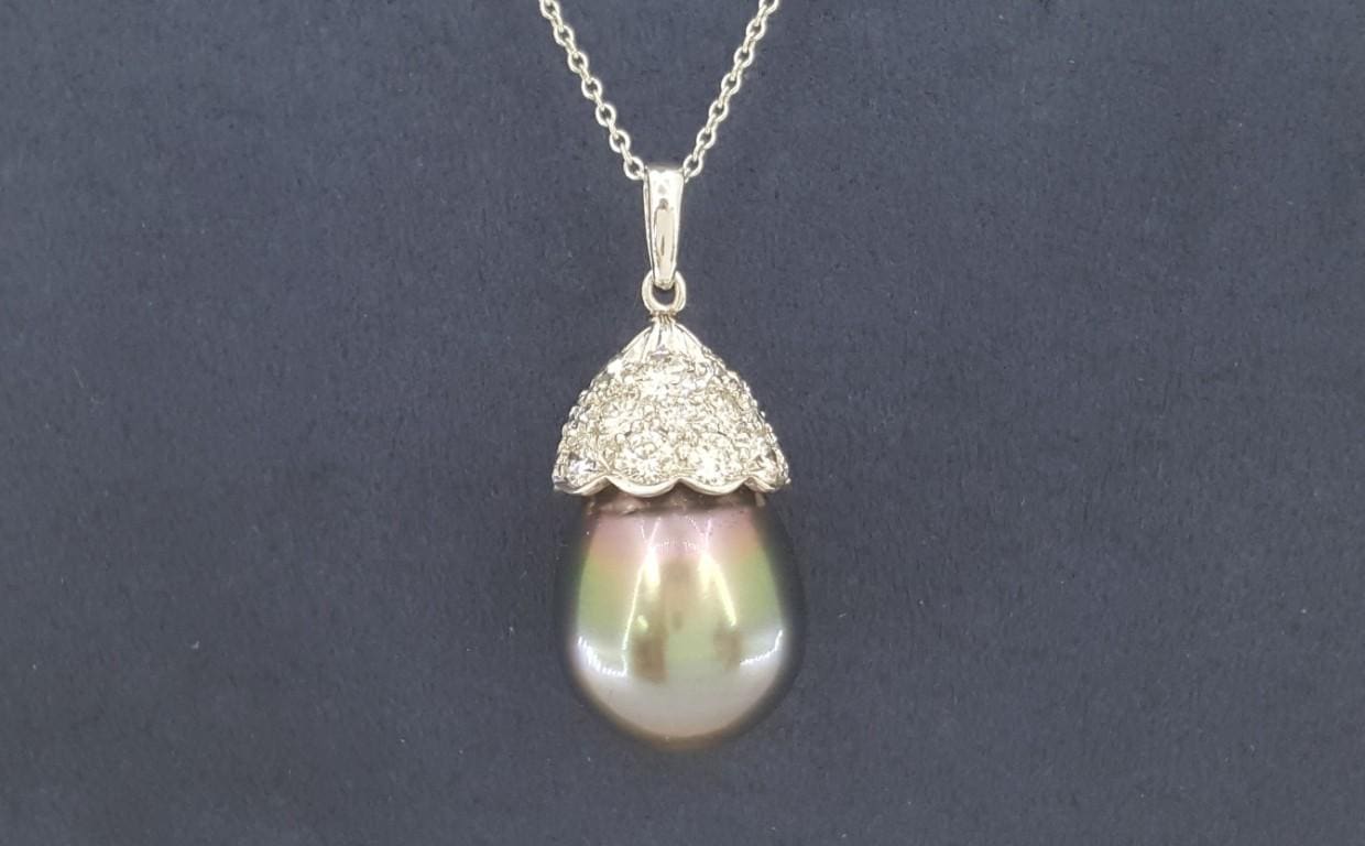 Tiffany & Co Tahitian Pearl Diamond Necklace 2.35 ct 13.5mm Wide Platinum 22"