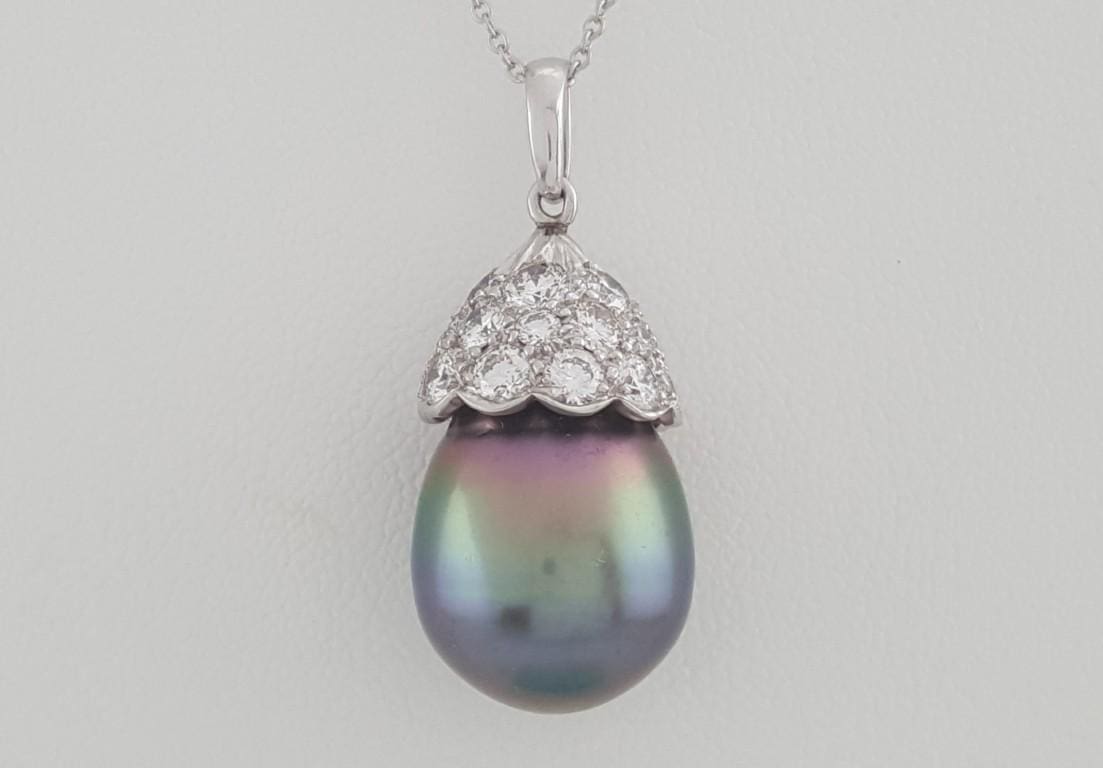 Tiffany & Co Tahitian Pearl Diamond Necklace 2.35 ct 13.5mm Wide Platinum 22"