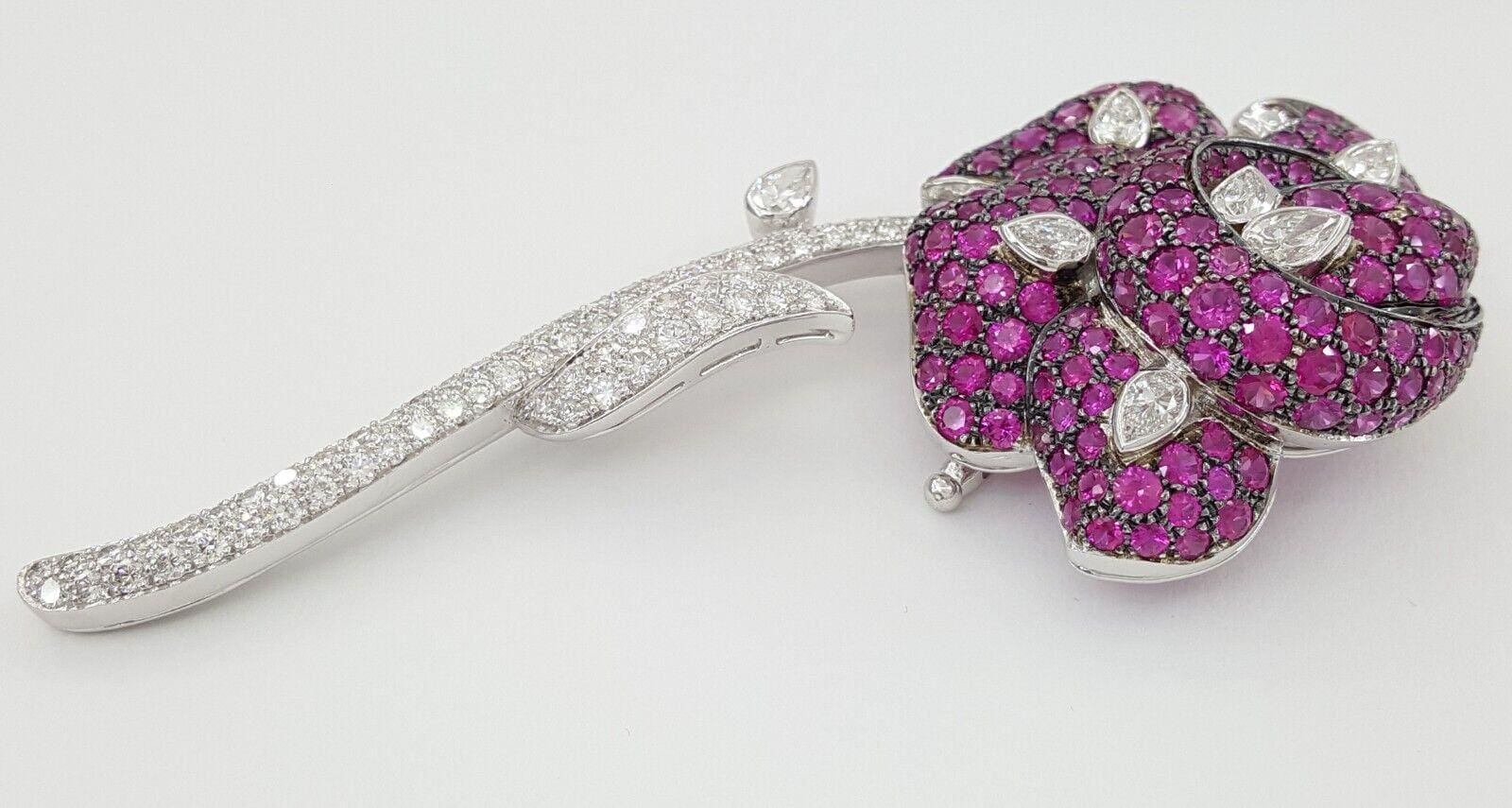 Rose Brooch 18K White Gold 14.26 ct Round Pear Cut Diamonds & Pink Sapphires