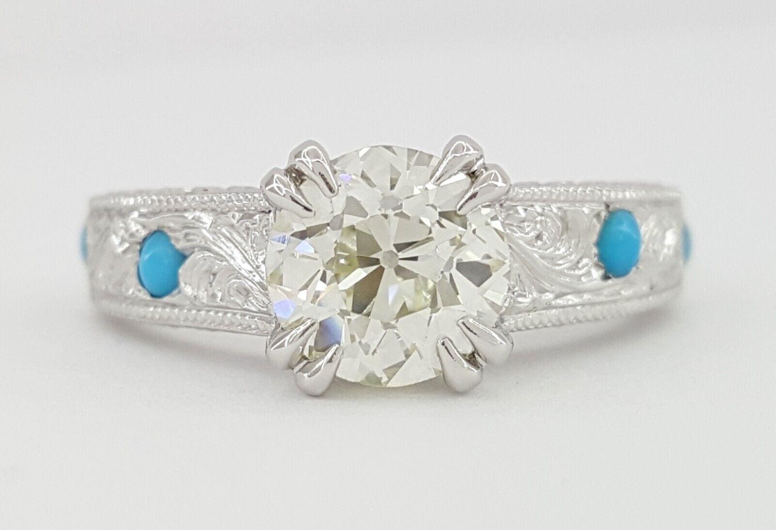 Vintage Old European Cut Hand Engraved 1.58 ct Platinum Engagement Ring