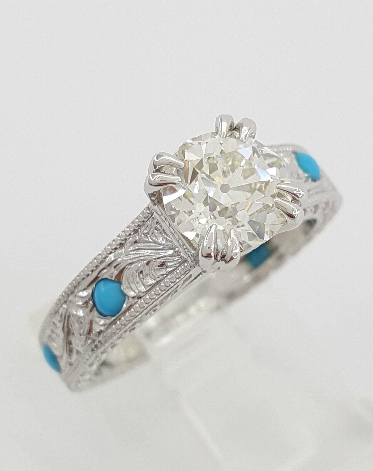 Vintage Old European Cut Hand Engraved 1.58 ct Platinum Engagement Ring