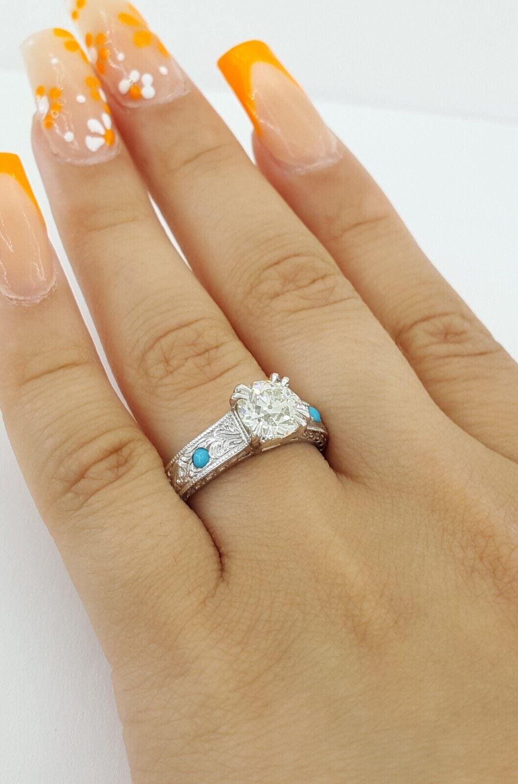 Vintage Old European Cut Hand Engraved 1.58 ct Platinum Engagement Ring