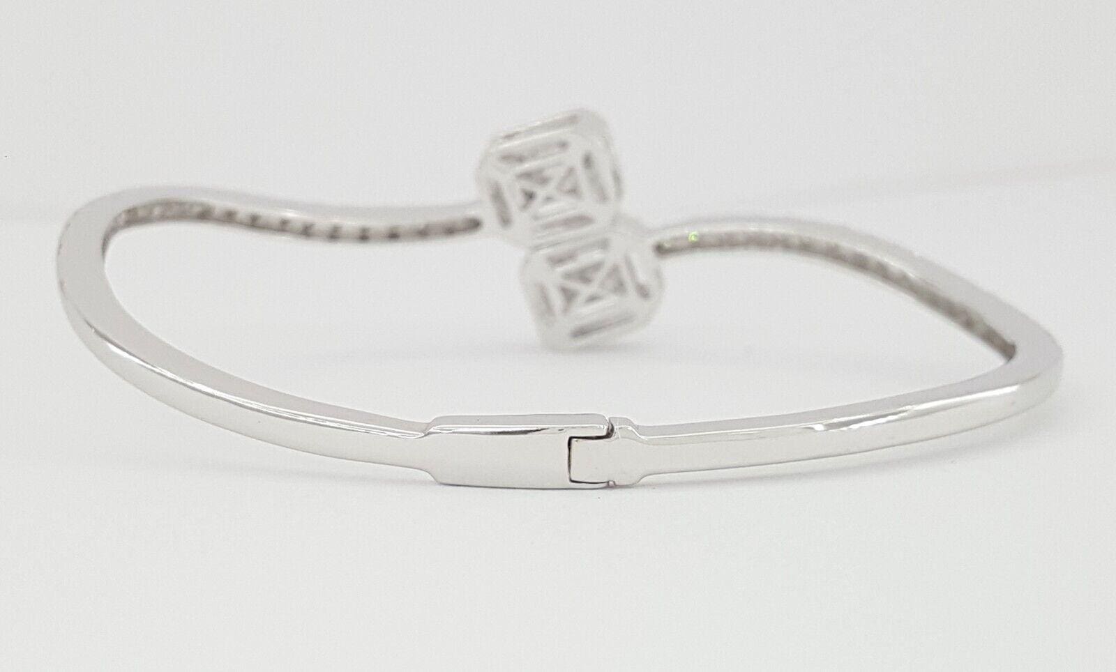 2 ct 18K White Gold Emerald & Round Cut Diamond Hinged Cuff Bracelet