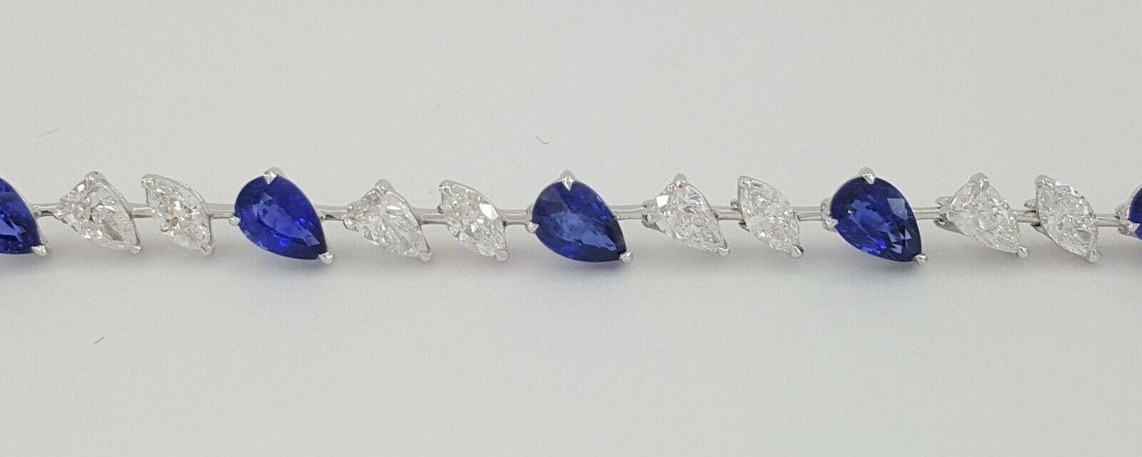 Gold Pear / Marquise Diamond & Pear Sapphire Line Tennis Bracelet 9.36 ct 18K 7"