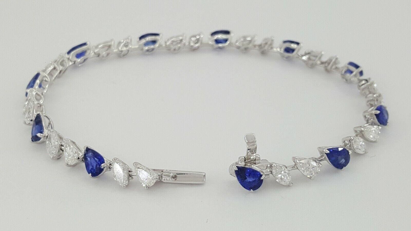 Gold Pear / Marquise Diamond & Pear Sapphire Line Tennis Bracelet 9.36 ct 18K 7"