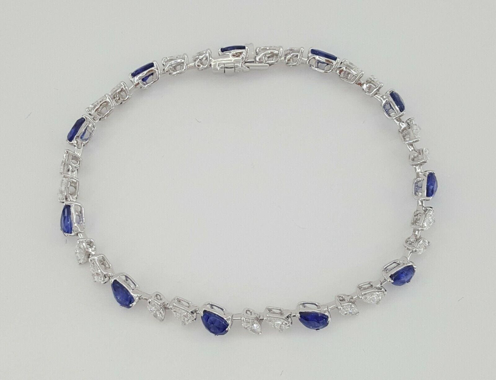 Gold Pear / Marquise Diamond & Pear Sapphire Line Tennis Bracelet 9.36 ct 18K 7"