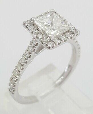 Rectangular Princess Cut Diamond Halo Engagement Ring 1.45 ct 14K GIA F/VS2
