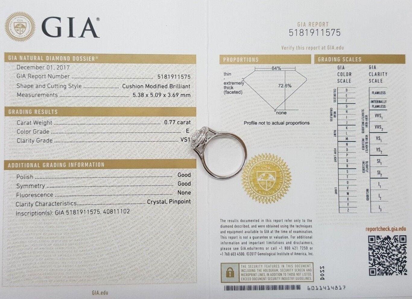 0.97 ct 18K White Gold Cushion Cut Diamond Double Halo Engagement Ring GIA E/VS1