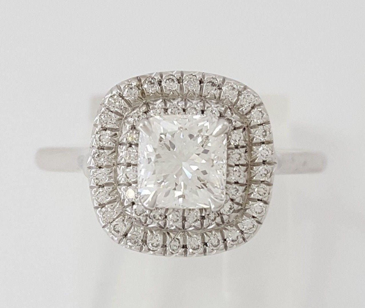 0.97 ct 18K White Gold Cushion Cut Diamond Double Halo Engagement Ring GIA E/VS1