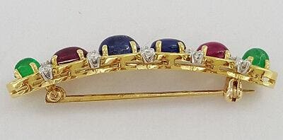 David Webb 18K / Platinum Cabochon Sapphire Ruby Emerald & Diamond Brooch / Pin