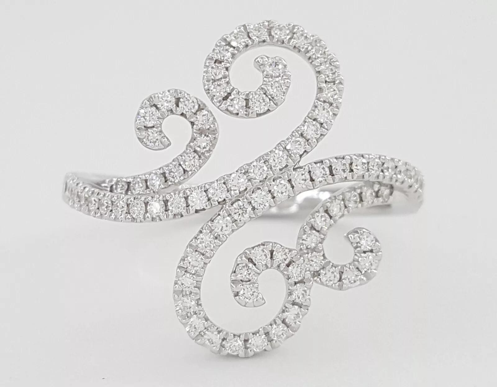 Round Brilliant Cut Diamond Swirl Statement Band Ring 0.51 ct 14k White Gold