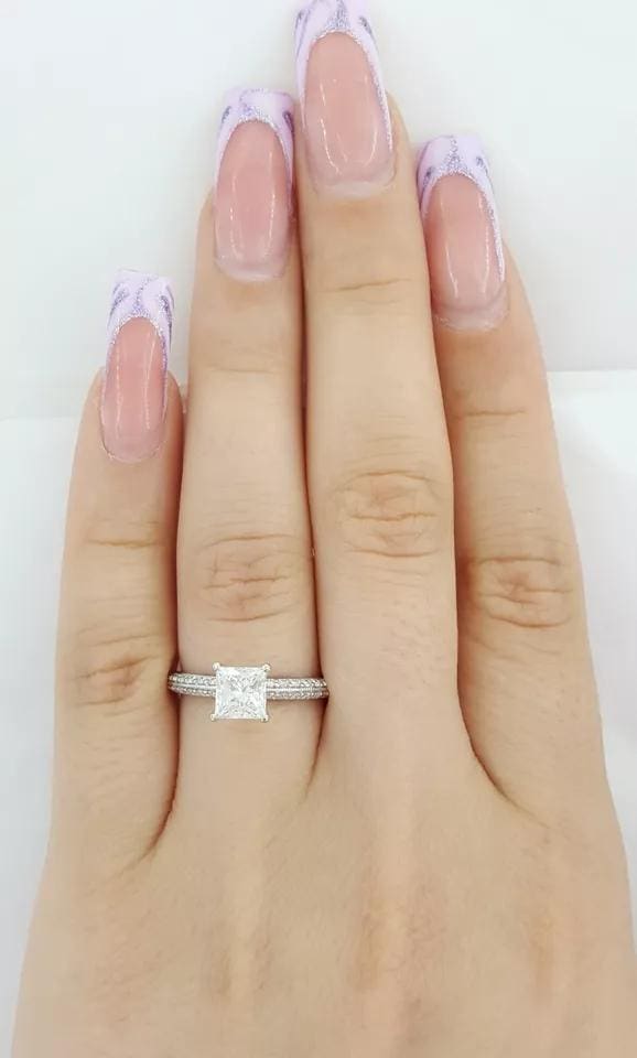 Princess Brilliant Cut Diamond Pave Engagement Ring 1.13 ct 14K WG Rtl 6K