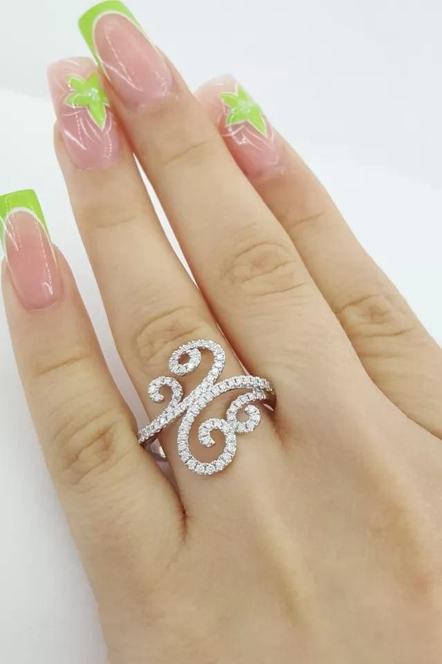 Round Brilliant Cut Diamond Swirl Statement Band Ring 0.51 ct 14k White Gold