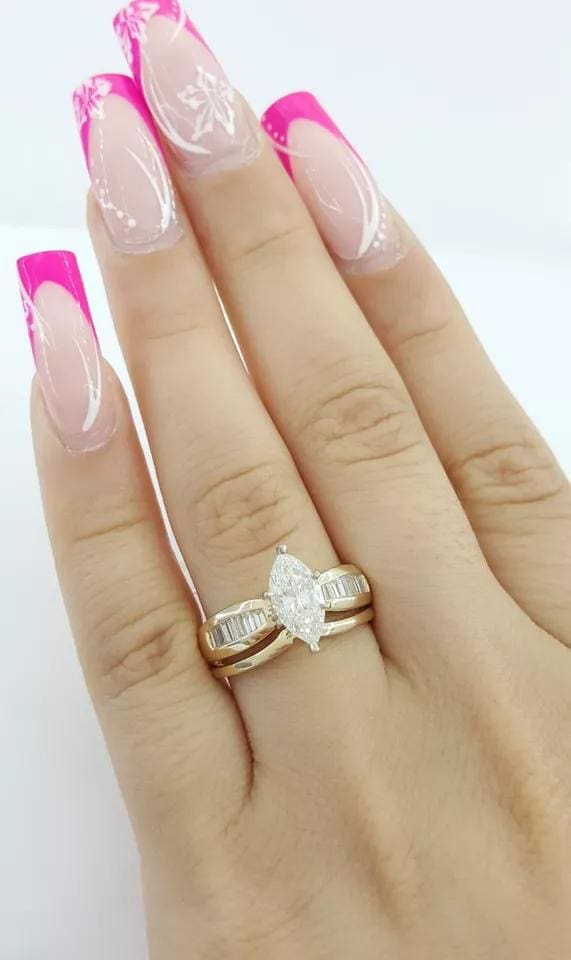 Marquise Diamond 1.33 ct Engagement Ring Wedding Band Set 14k Yellow Gold Rt 6K