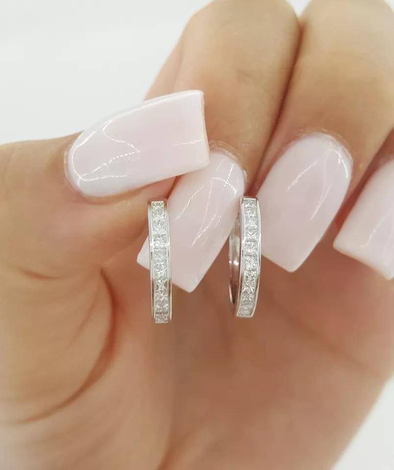 Princess Cut Diamond Hugger Hoop Earrings 15.2 mm 0.5 ct 14K White Gold