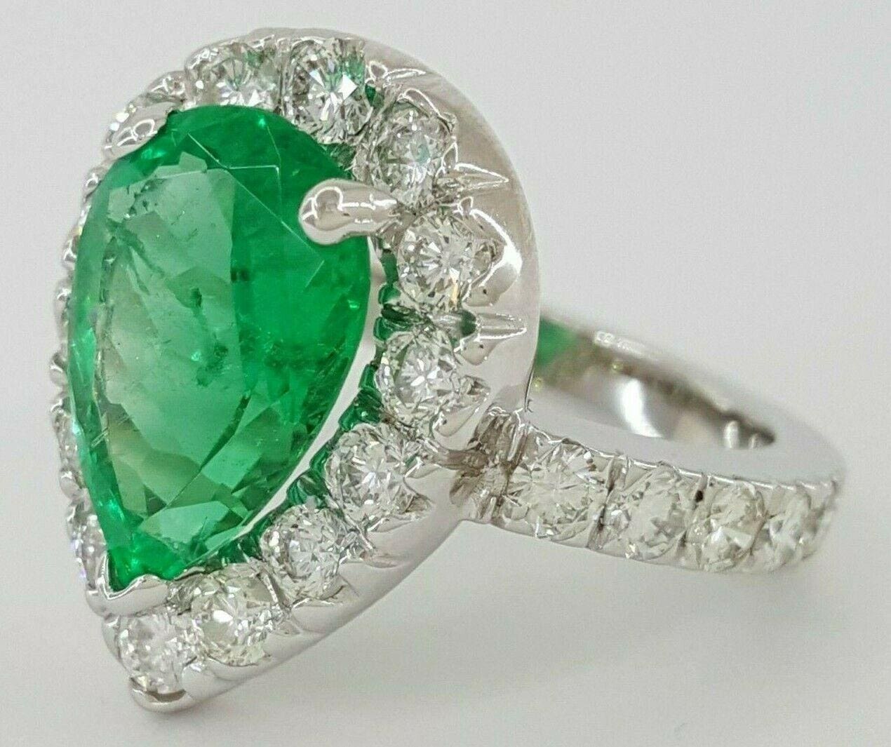 Colombian No Oil Pear Shape Green Emerald 5.21 ct & Diamond Halo Ring GIA $50k