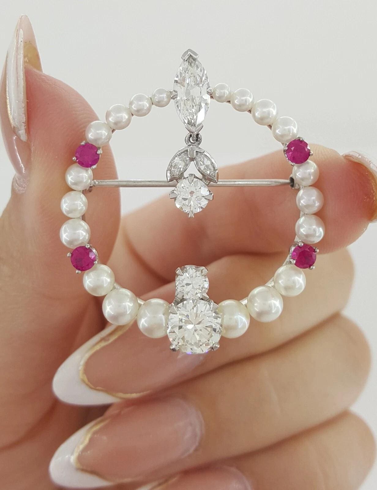 Vintage Diamond Pearl & Ruby Pin Brooch 2.57 ct 7.7 Grams Palladium & Platinum