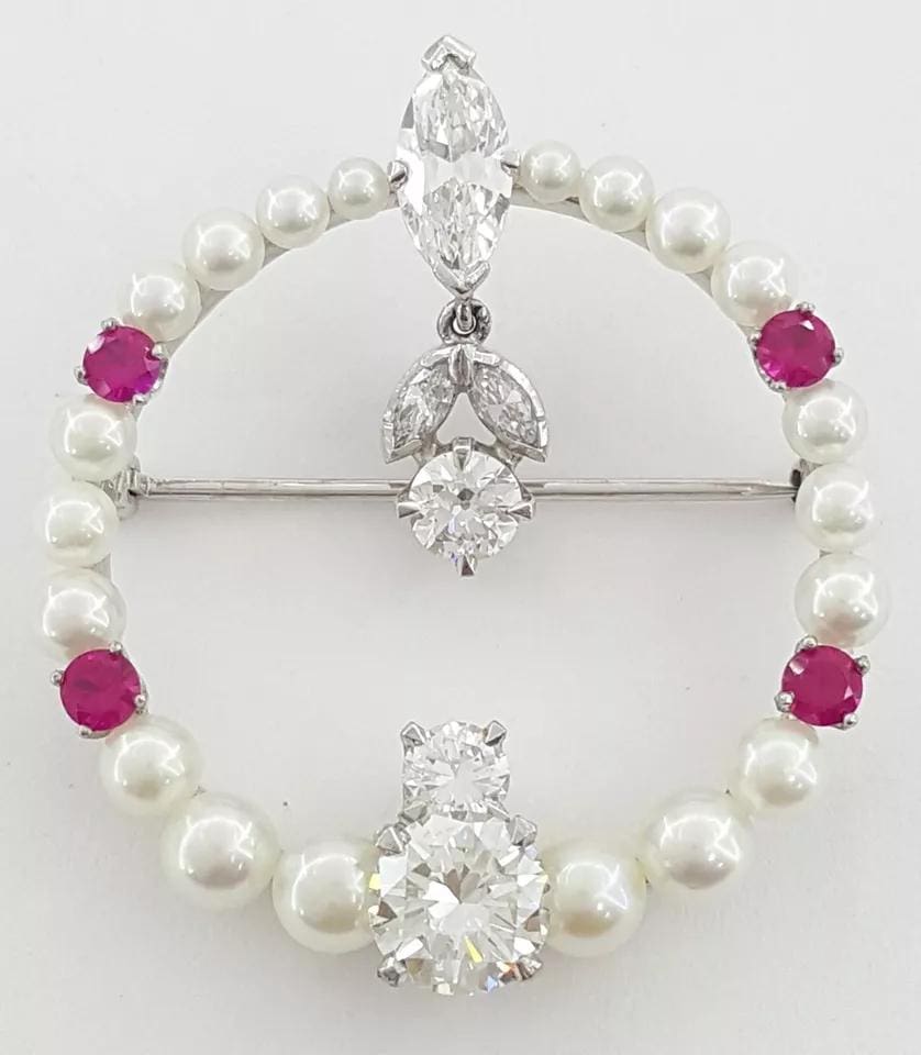 Vintage Diamond Pearl & Ruby Pin Brooch 2.57 ct 7.7 Grams Palladium & Platinum