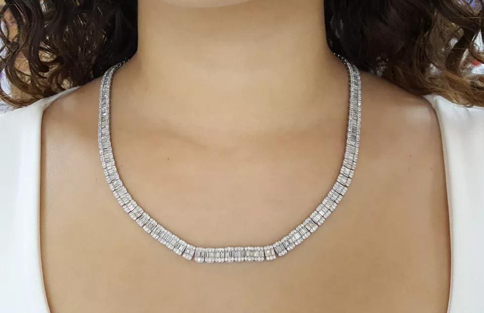 Round Baguette Diamond White Gold Chain Necklace 17 ct 6.5mm 20" Rtl $20k