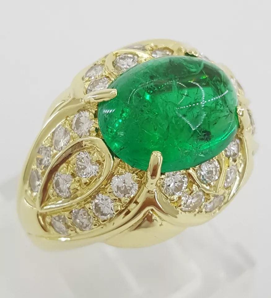 Vintage Sugarloaf Cabochon Green Emerald & Diamond 5.3 ct 18k Yellow Gold Ring