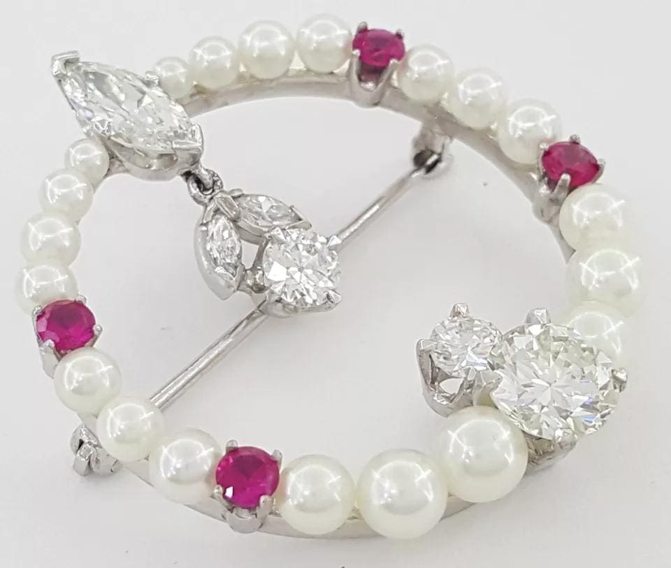 Vintage Diamond Pearl & Ruby Pin Brooch 2.57 ct 7.7 Grams Palladium & Platinum