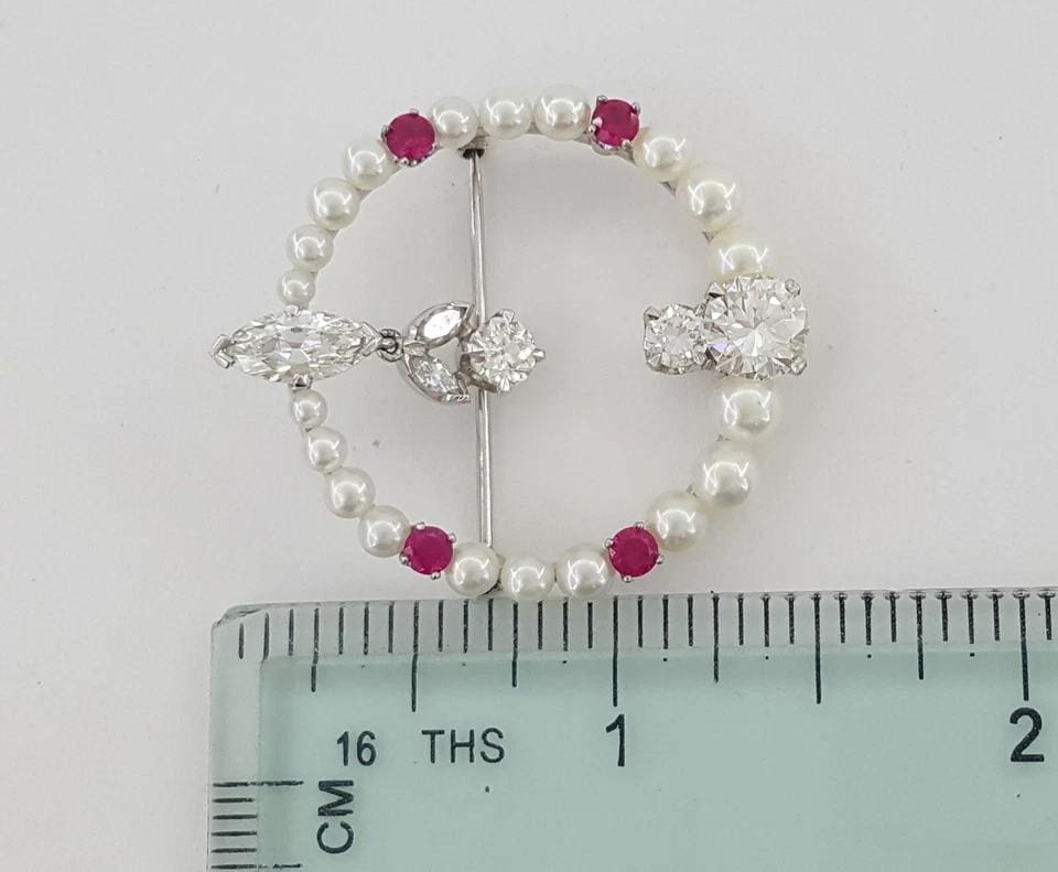 Vintage Diamond Pearl & Ruby Pin Brooch 2.57 ct 7.7 Grams Palladium & Platinum