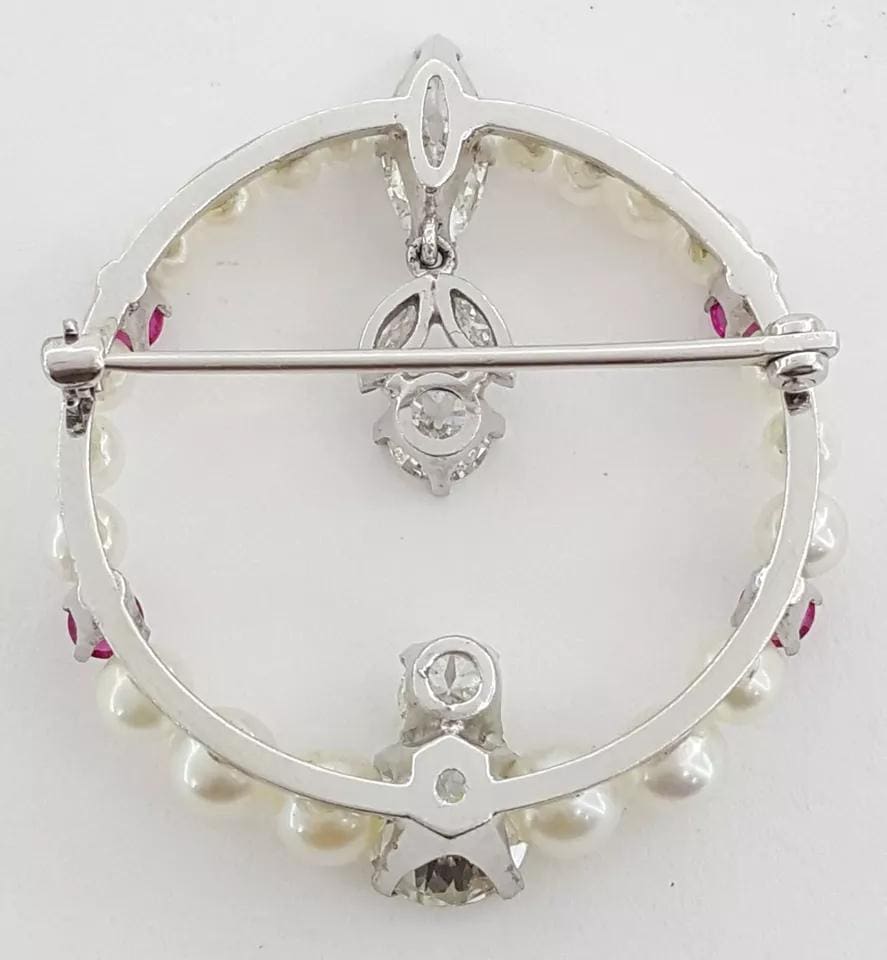 Vintage Diamond Pearl & Ruby Pin Brooch 2.57 ct 7.7 Grams Palladium & Platinum
