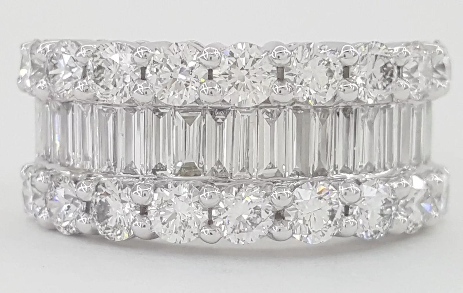 Baguette Round Diamond Three Row 18k White Gold Anniversary Ring 4 ct 10mm $13k