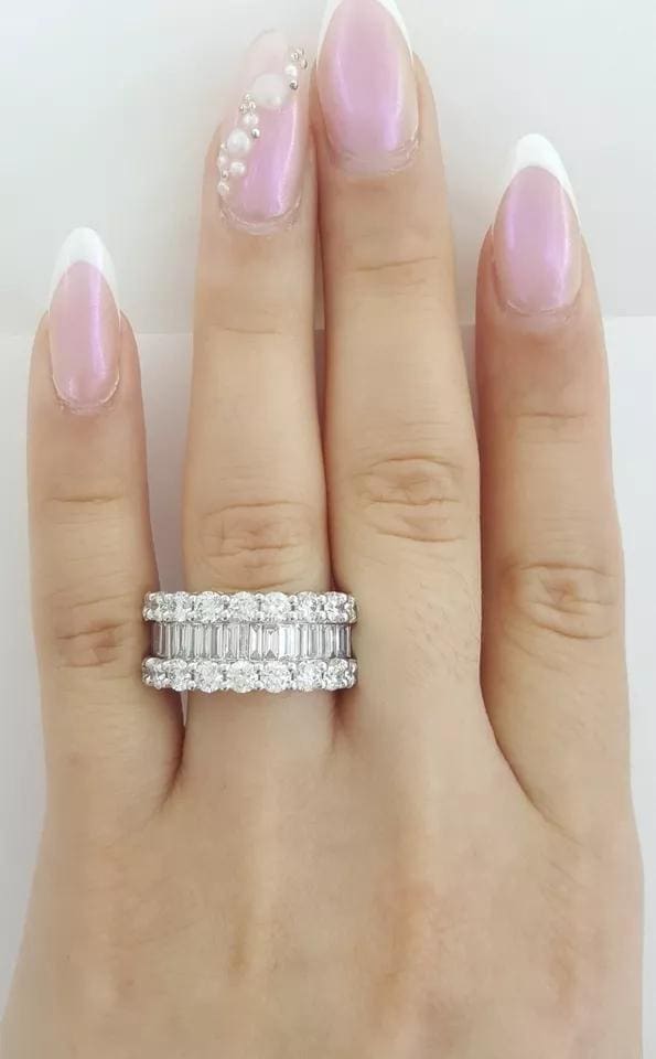 Baguette Round Diamond Three Row 18k White Gold Anniversary Ring 4 ct 10mm $13k