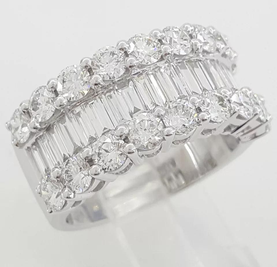 Baguette Round Diamond Three Row 18k White Gold Anniversary Ring 4 ct 10mm $13k