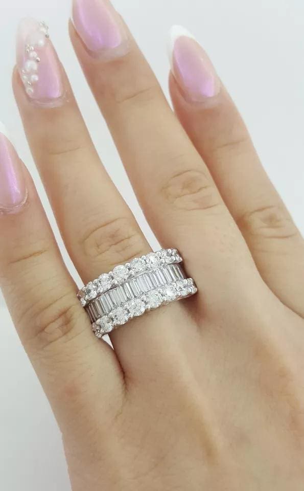 Baguette Round Diamond Three Row 18k White Gold Anniversary Ring 4 ct 10mm $13k