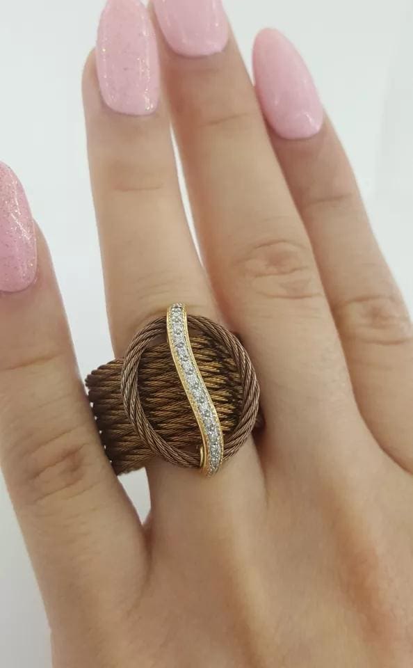 Charriol Celtique 7-Row Cable Diamond Ring 18K Gold & Steel 0.12 ct 22.5mm