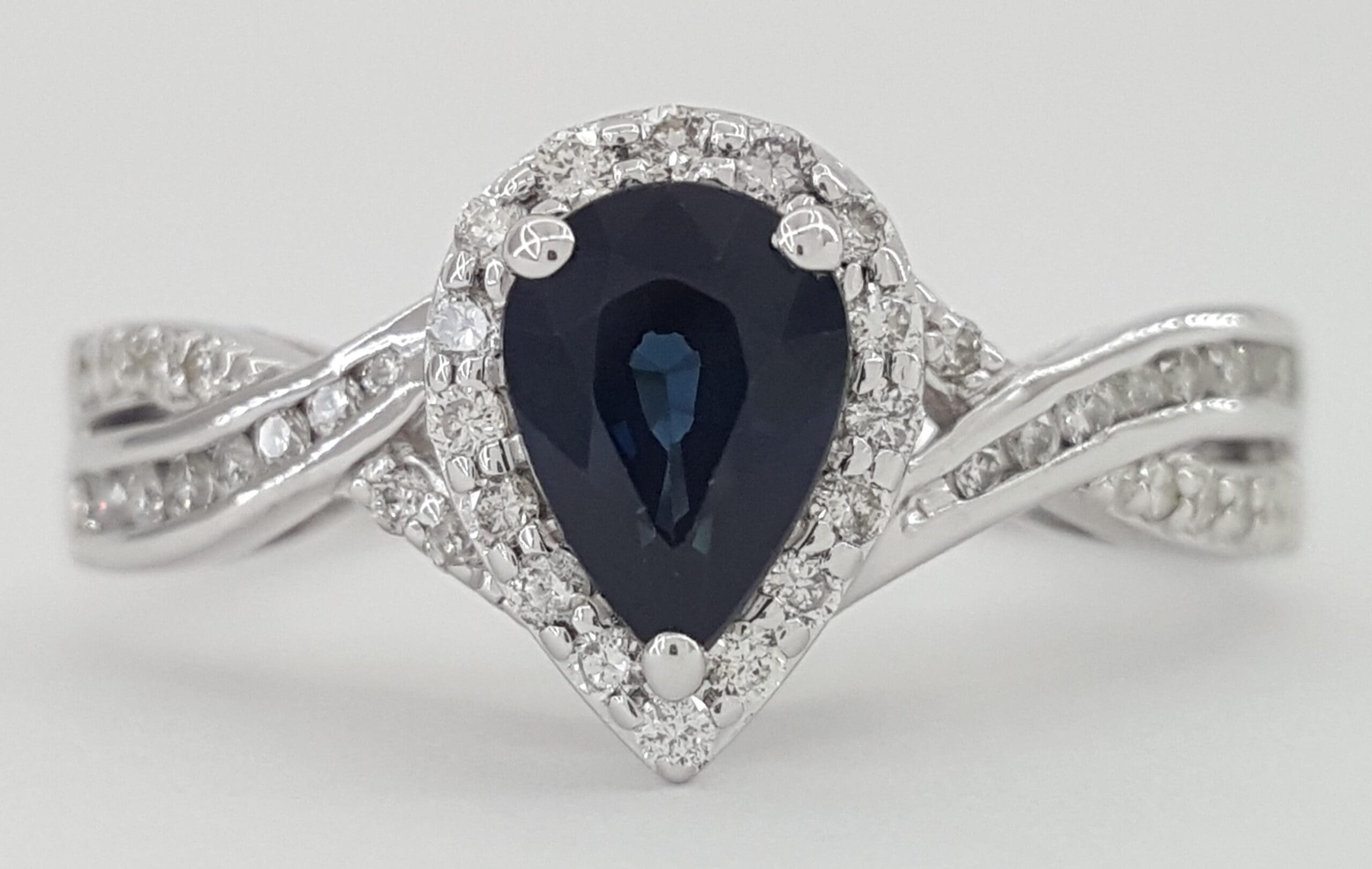 Pear Sapphire & Diamond Halo Crossover Engagement Ring 1.2 ct 14k White Gold