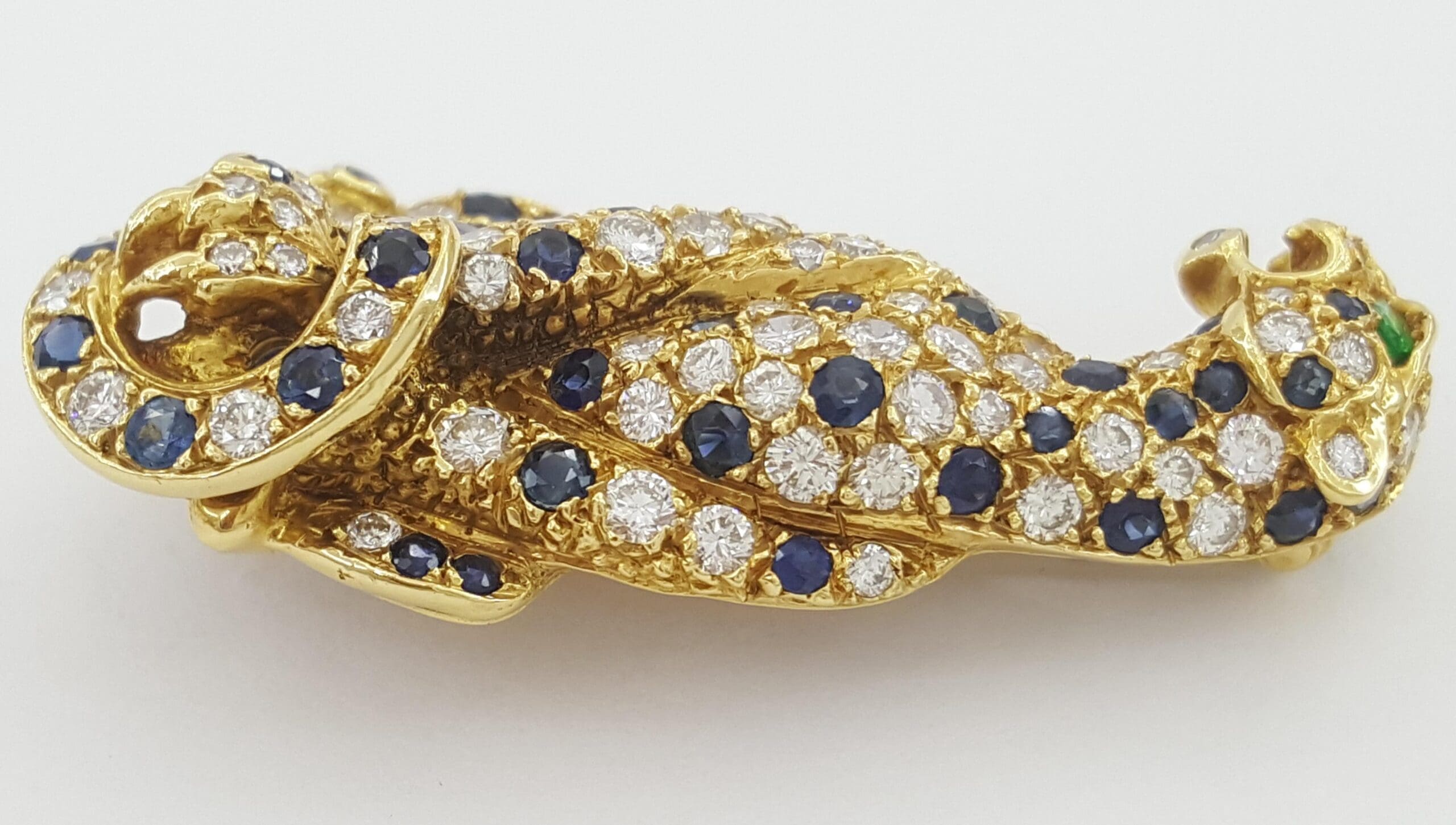 Vintage Panther Diamond Sapphire Emerald Brooch 1.9 ct 18k 1.6" French Made