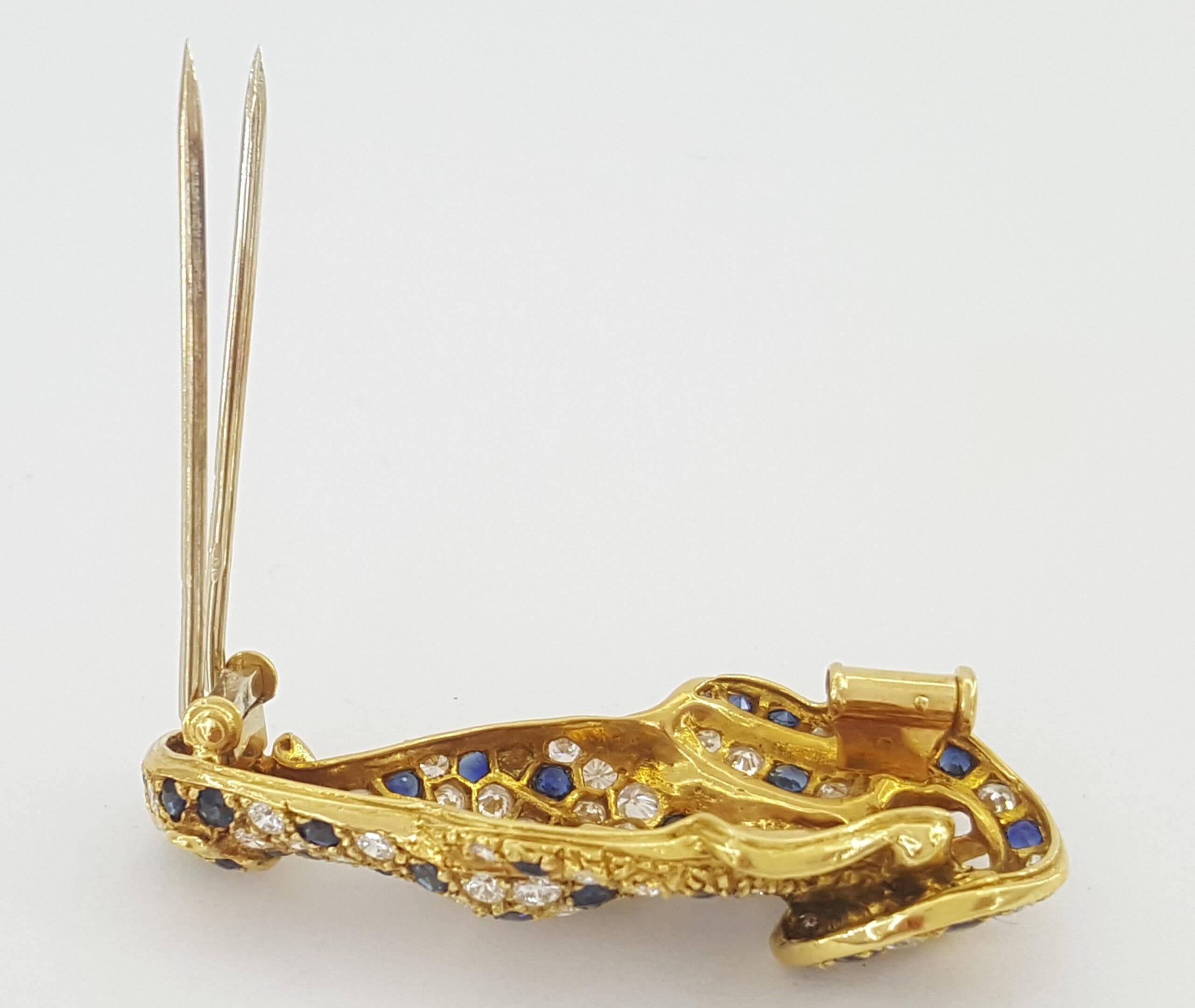 Vintage Panther Diamond Sapphire Emerald Brooch 1.9 ct 18k 1.6" French Made
