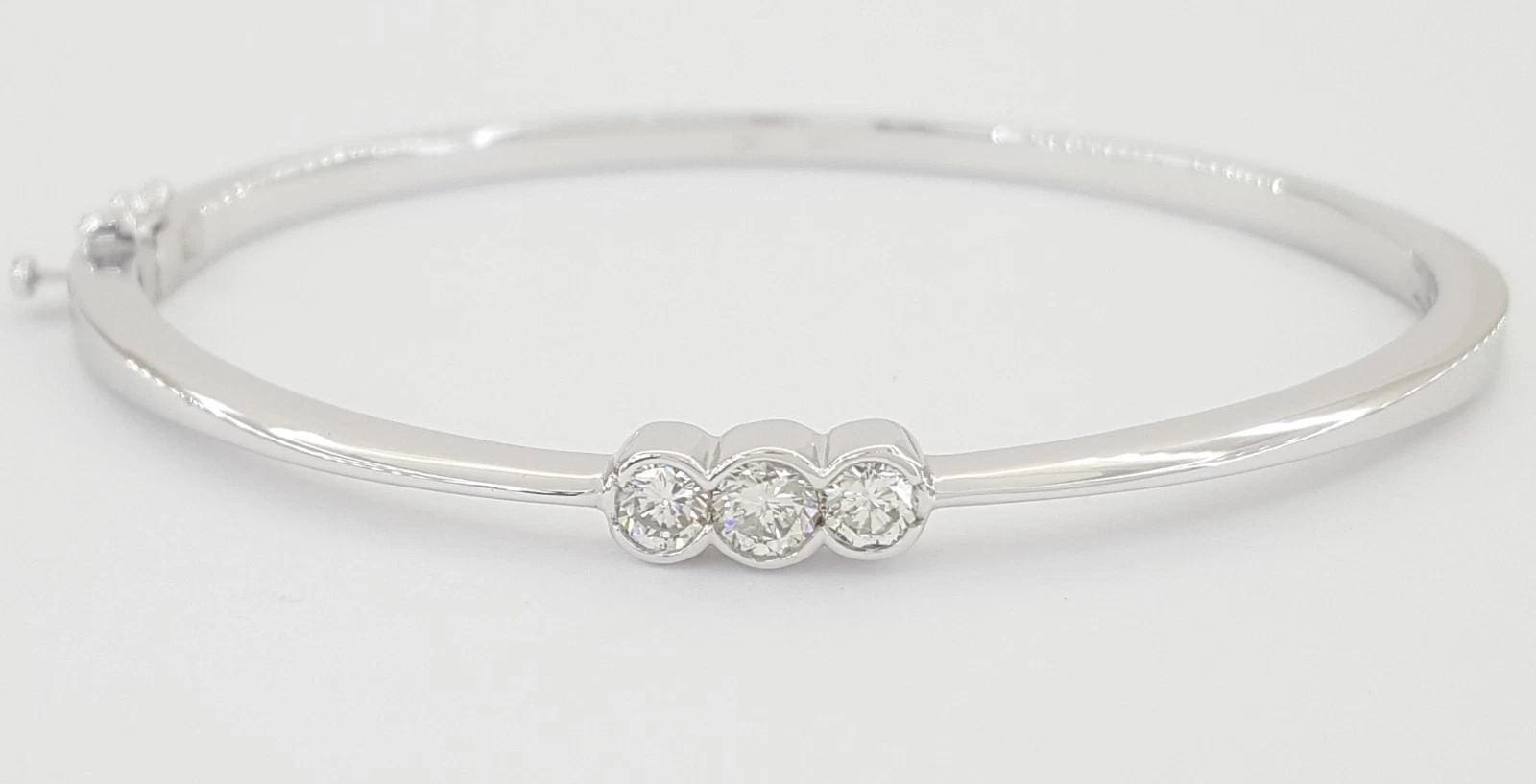 3 Stone Diamond Bangle Bracelet 0.57 ct 14k White Gold 6.5"