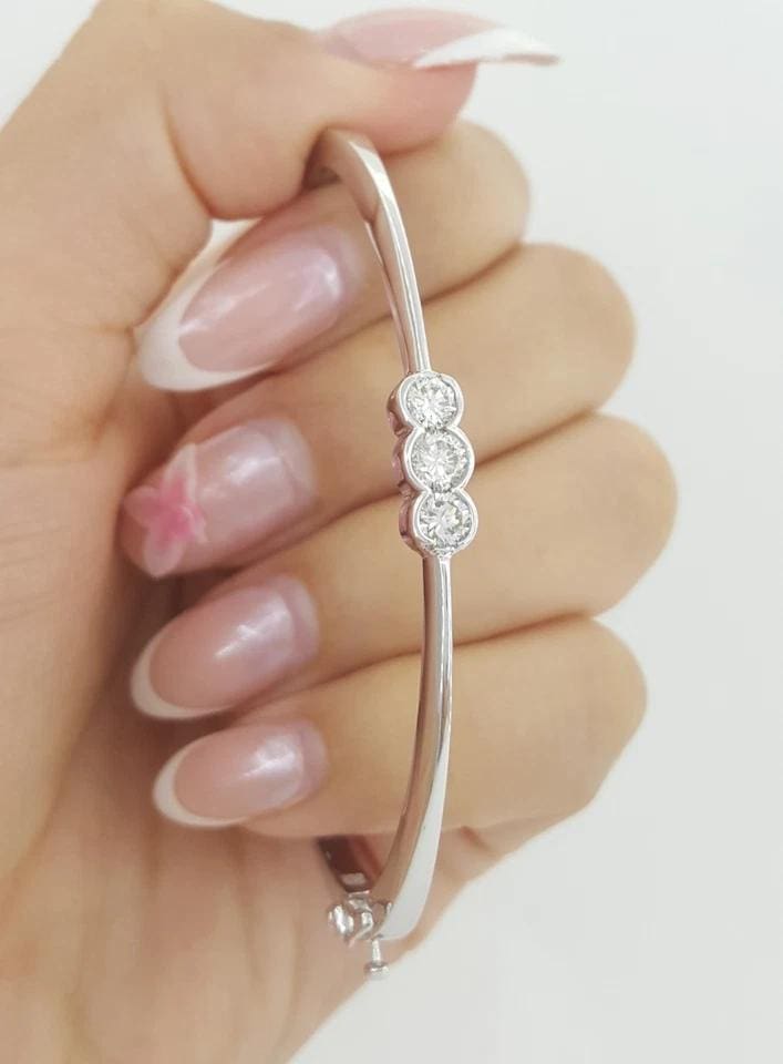 3 Stone Diamond Bangle Bracelet 0.57 ct 14k White Gold 6.5"