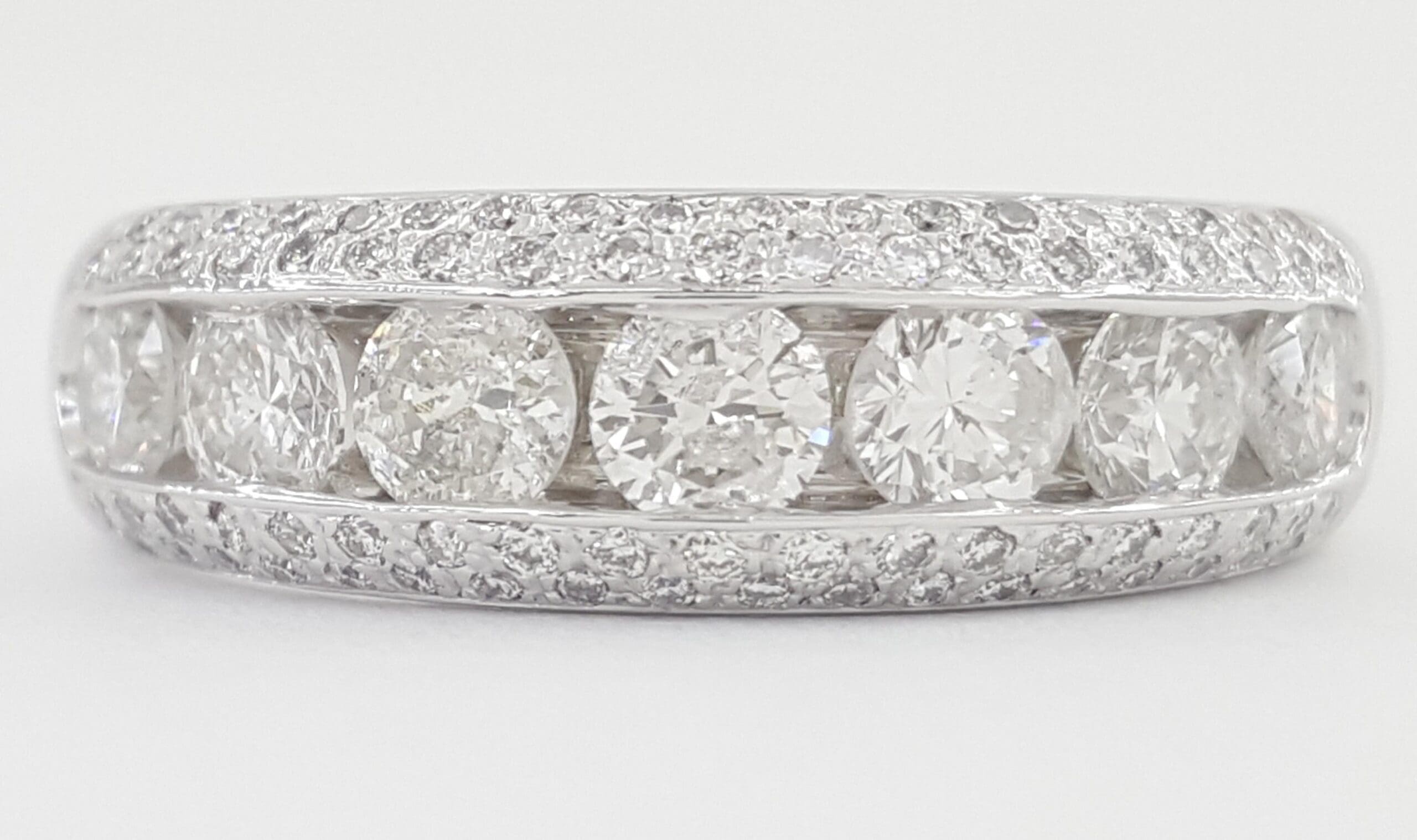 Channel Set & Pave Round Diamond Wedding Band 14k White Gold 1.42 ct 6.2 mm