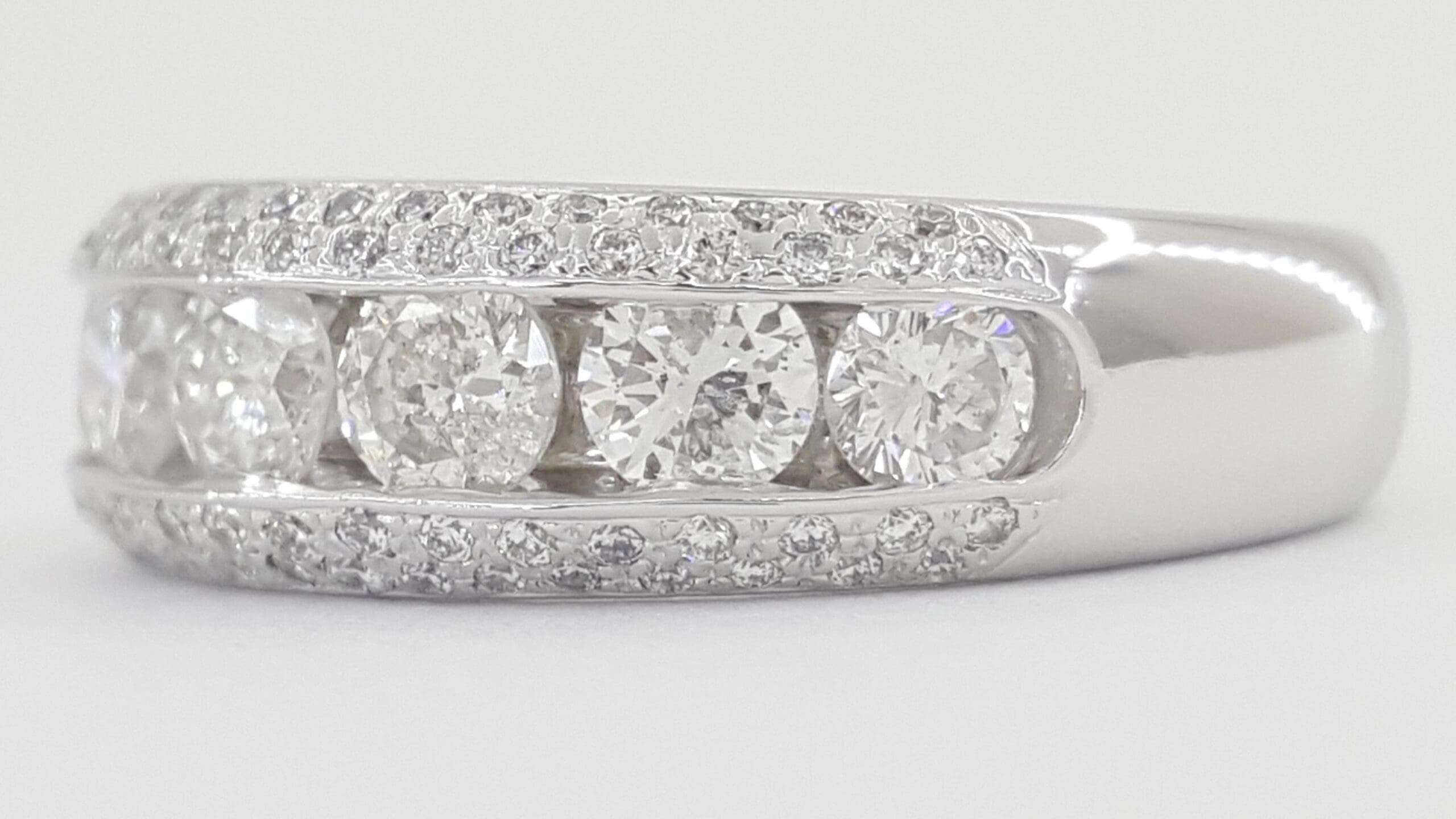 Channel Set & Pave Round Diamond Wedding Band 14k White Gold 1.42 ct 6.2 mm