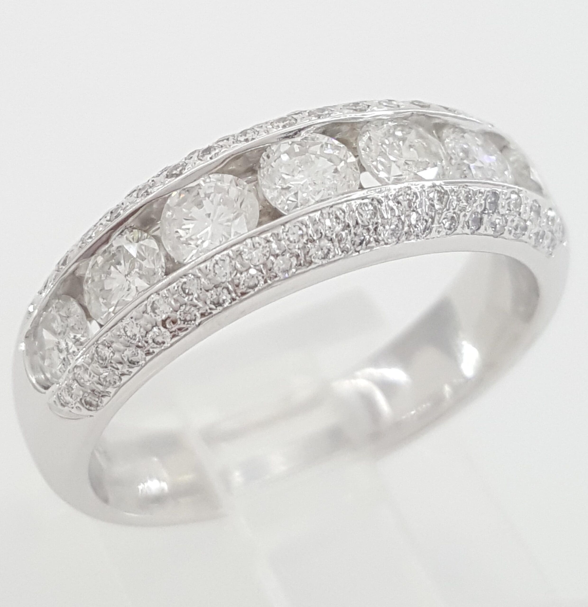 Channel Set & Pave Round Diamond Wedding Band 14k White Gold 1.42 ct 6.2 mm