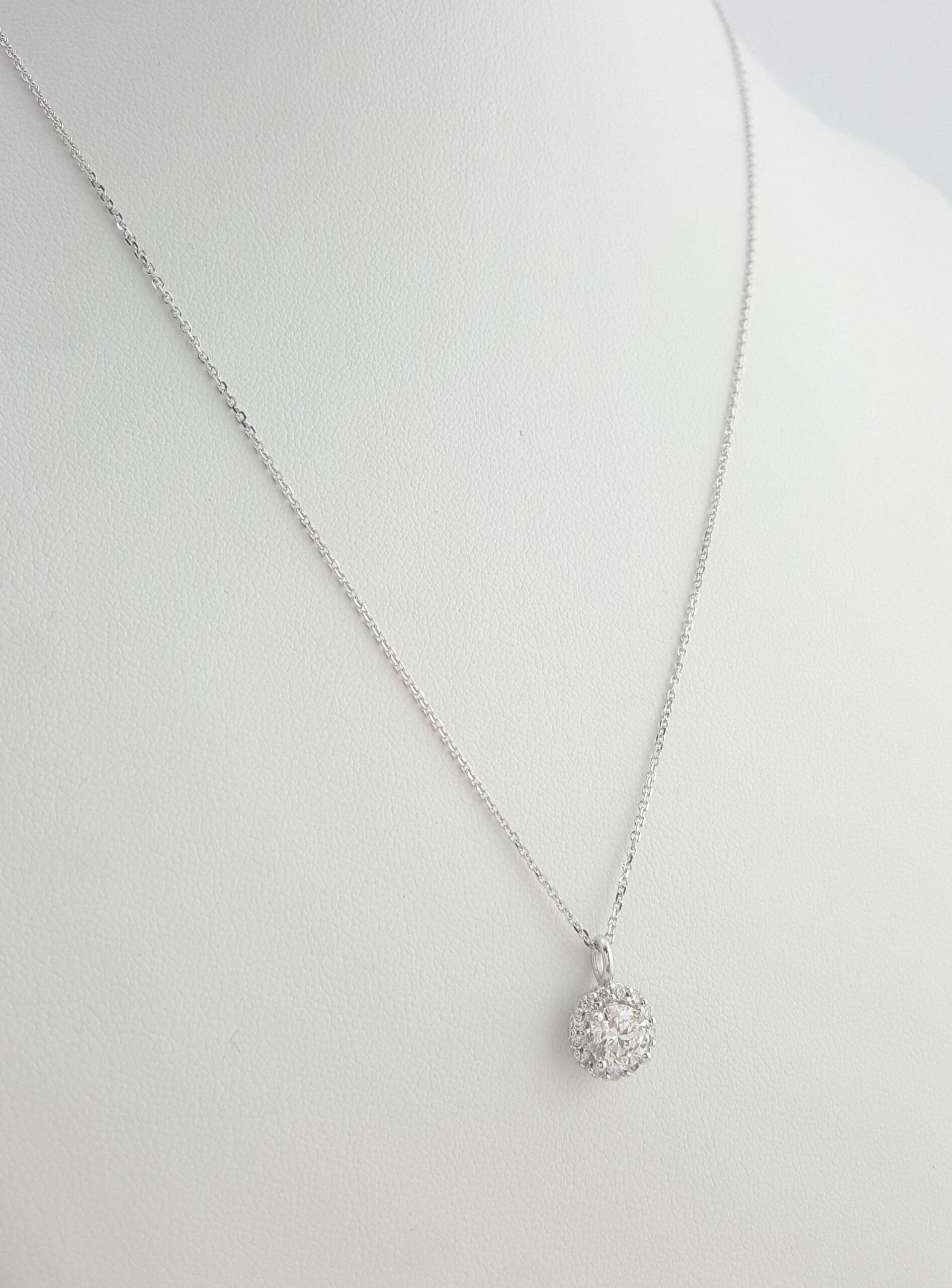 Round Brilliant Diamond Halo Pendant Necklace 14K White Gold 1.14 ct Retail $7K