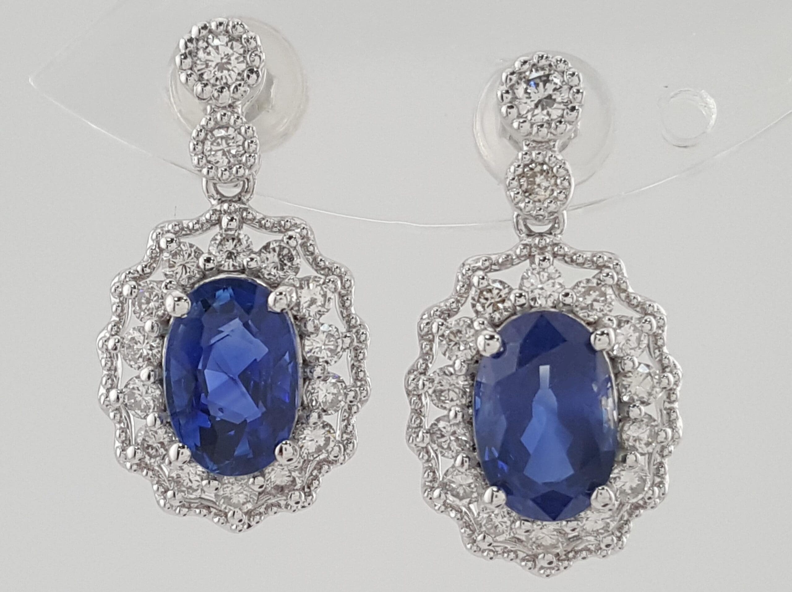 Oval Sapphire & Diamond Halo Dangle Earrings 3.47 ct Platinum Retail $7K