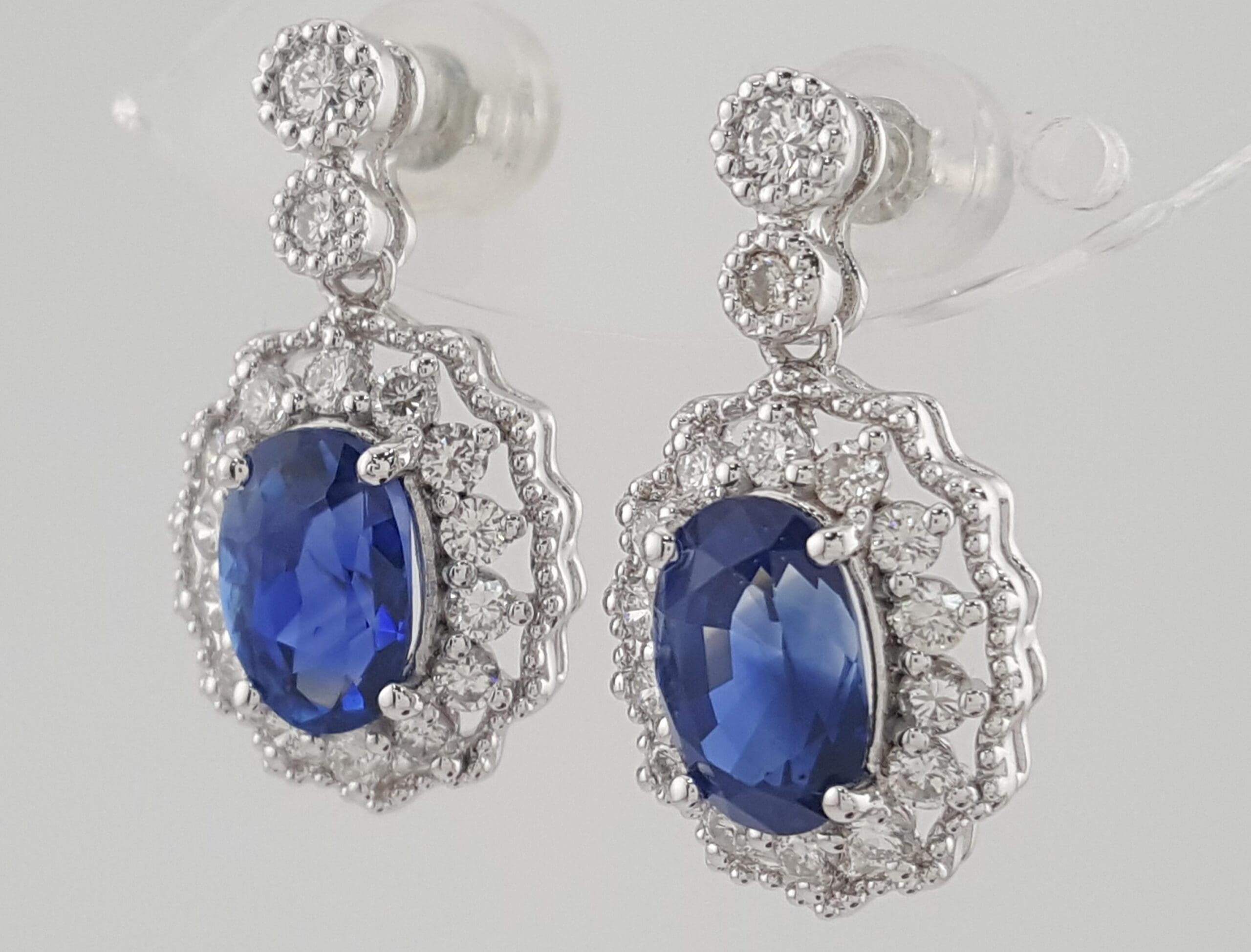 Oval Sapphire & Diamond Halo Dangle Earrings 3.47 ct Platinum Retail $7K