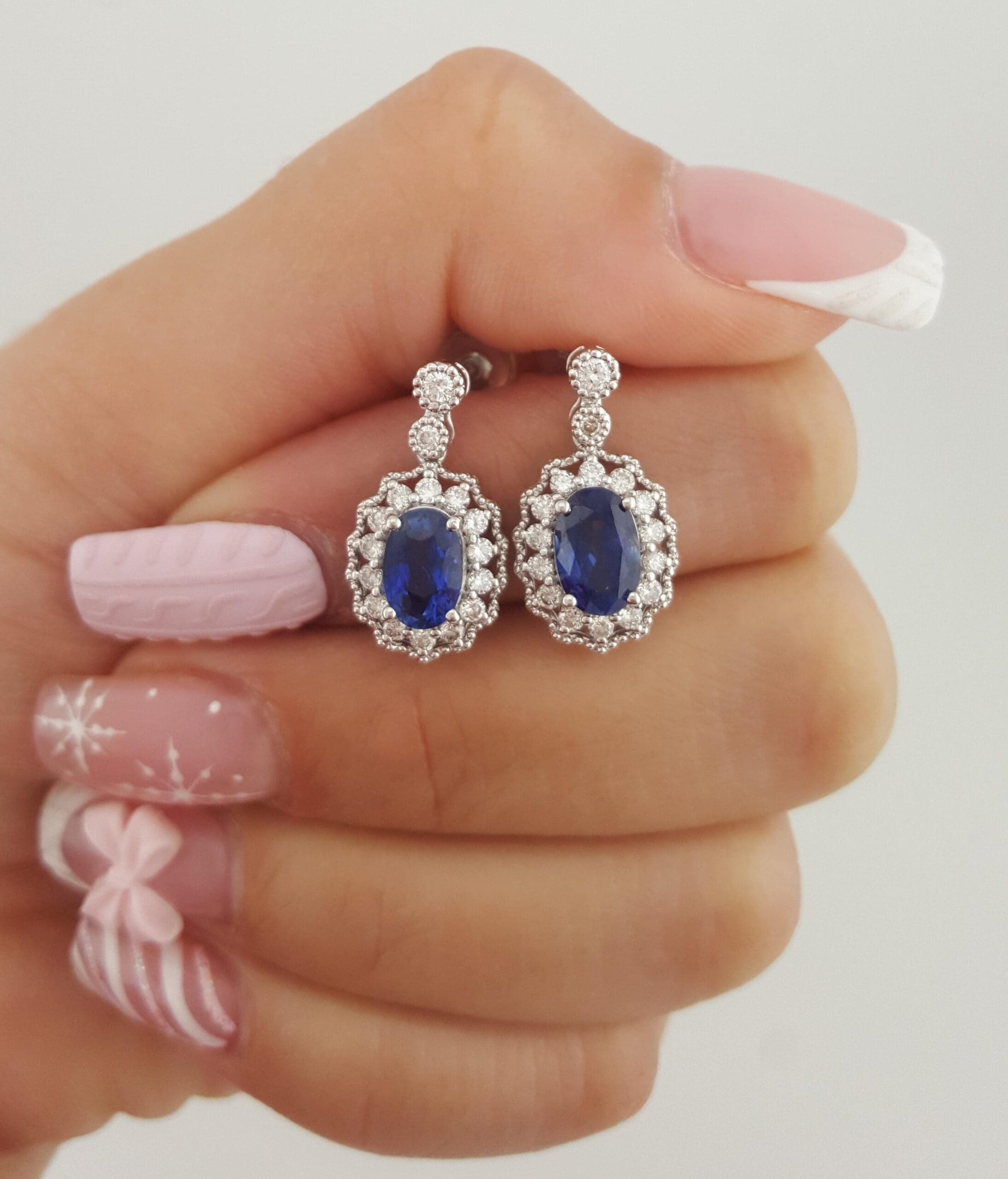 Oval Sapphire & Diamond Halo Dangle Earrings 3.47 ct Platinum Retail $7K