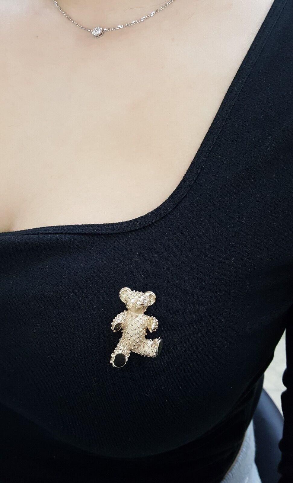 Vintage 14K Yellow Gold 0.06 ct Diamond Teddy Bear Brooch Pin 11.2 grams 35mm