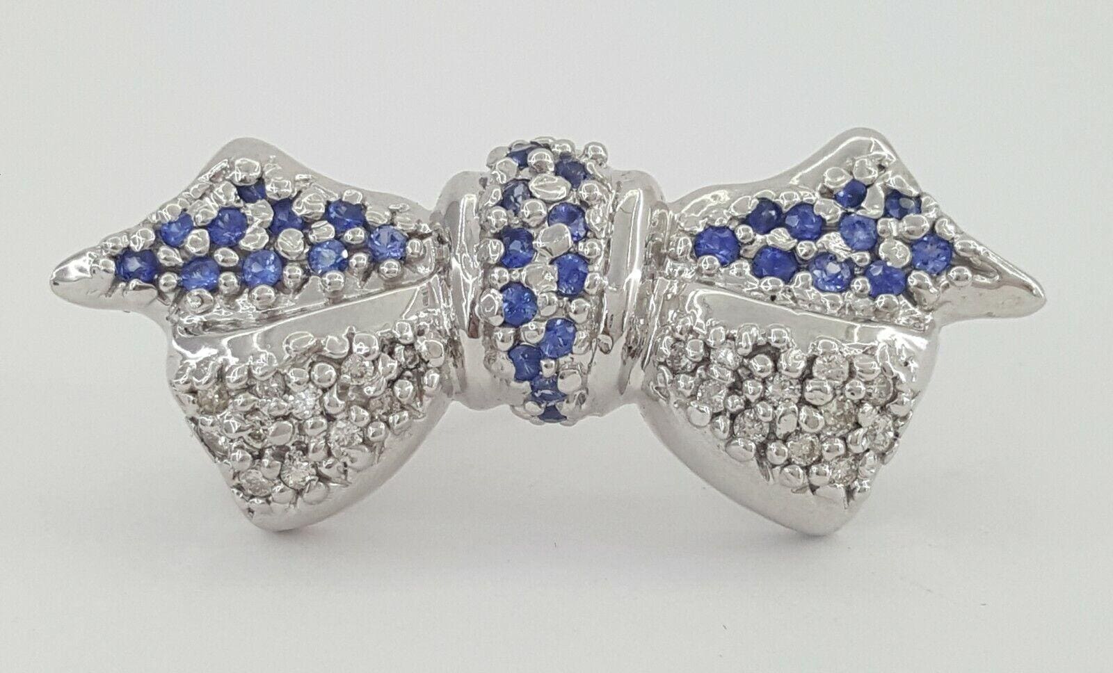LeVian Le Vian 14K White Gold 0.87 ct Blue Sapphire & Diamond Bow Pin Brooch